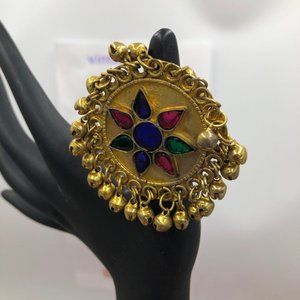 Afghan Kuchi Ring with Glass Stones And Bells, Afghan Ring, Tribal Ethnic Ring